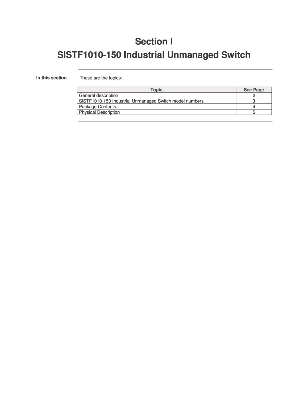 Transition Networks SISTF1010-150-LR(T) Section SISTF1010-150 Industrial Unmanaged Switch, In this section, Topic 