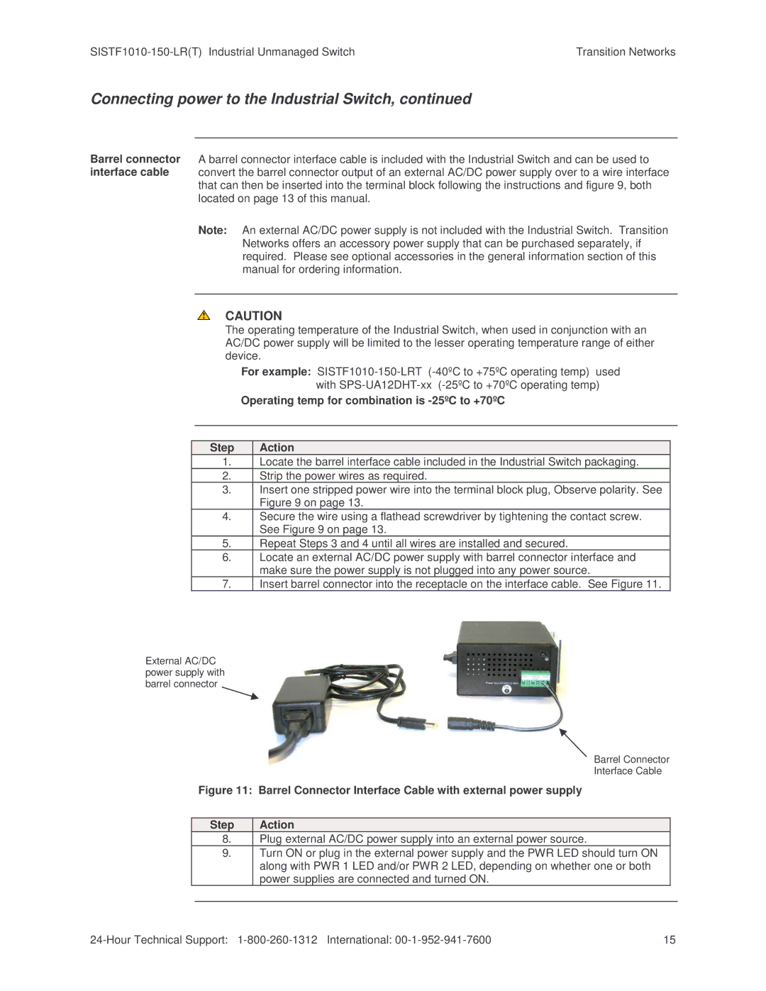 Transition Networks SISTF1010-150-LR(T) installation manual Barrel Connector Interface Cable 