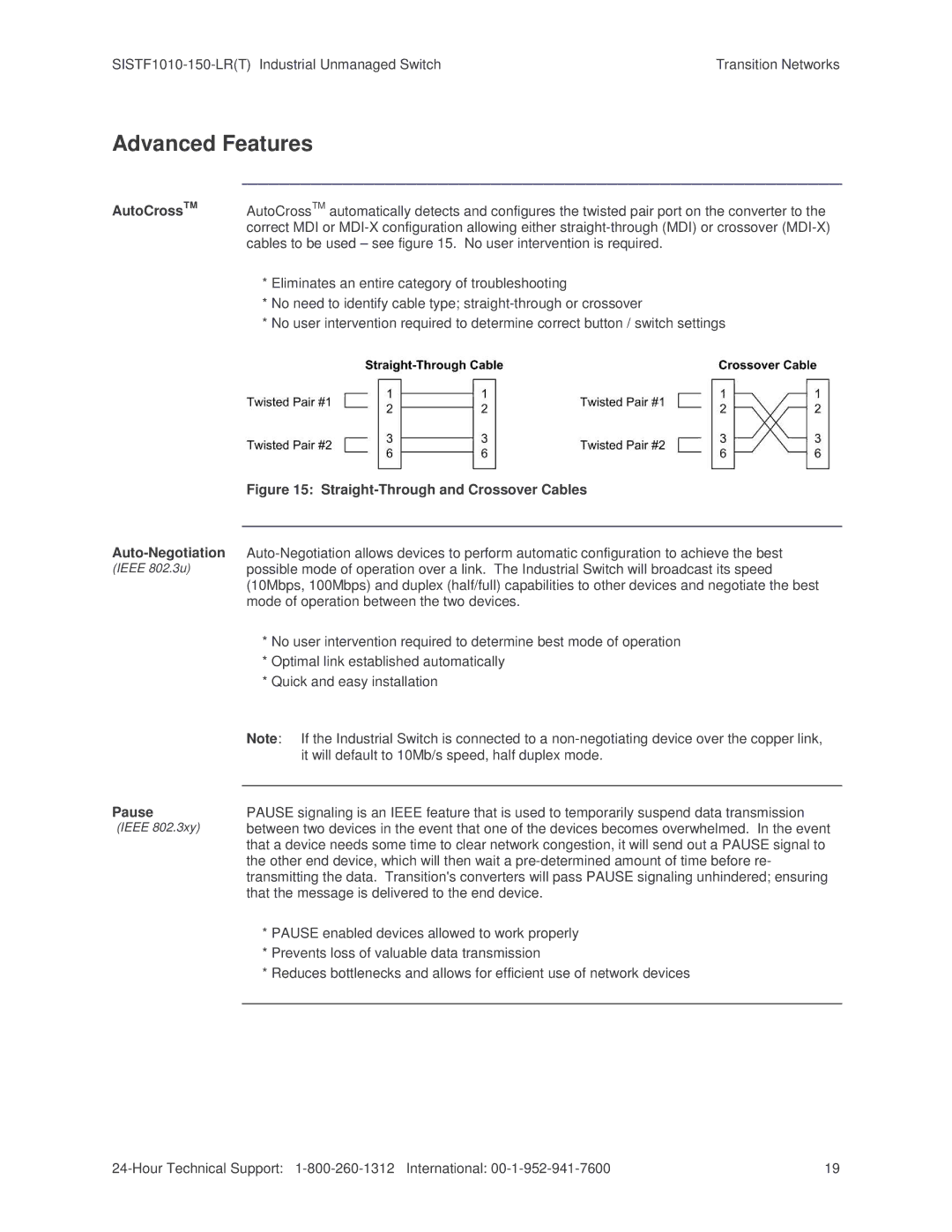 Transition Networks SISTF1010-150-LR(T) installation manual Advanced Features, Straight-Through and Crossover Cables 