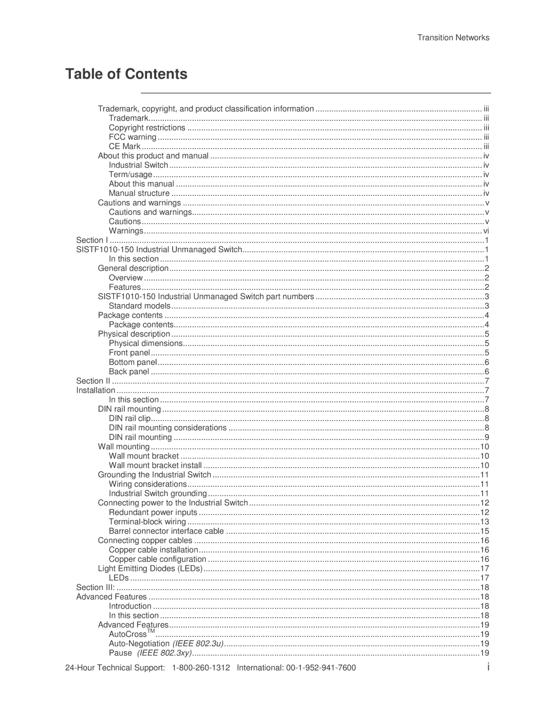 Transition Networks SISTF1010-150-LR(T) installation manual Table of Contents 