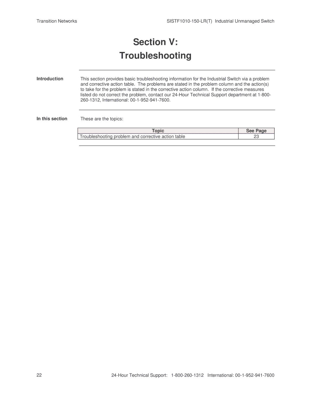 Transition Networks SISTF1010-150-LR(T) installation manual Section, Troubleshooting 