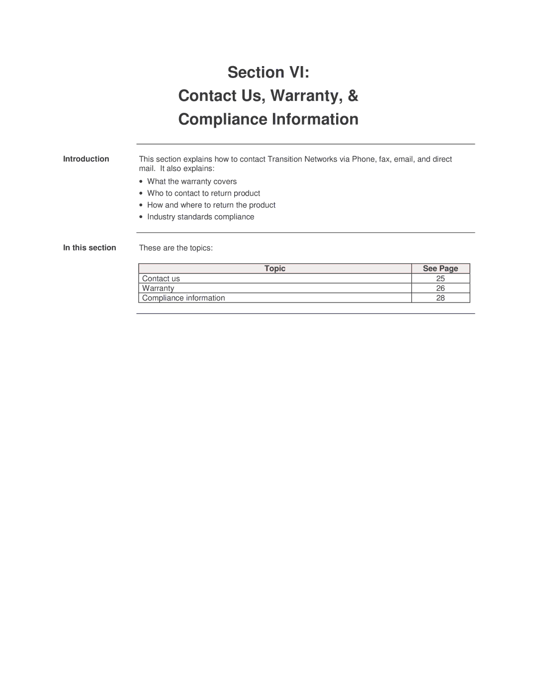 Transition Networks SISTF1010-150-LR(T) installation manual Section Contact Us, Warranty Compliance Information 