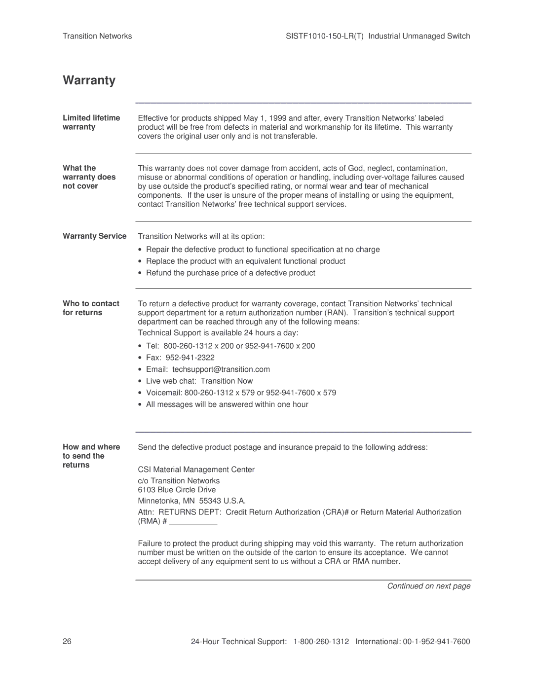 Transition Networks SISTF1010-150-LR(T) installation manual Warranty 