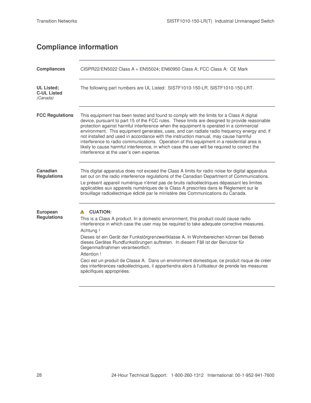 Transition Networks SISTF1010-150-LR(T) installation manual Compliance information, Cuation 