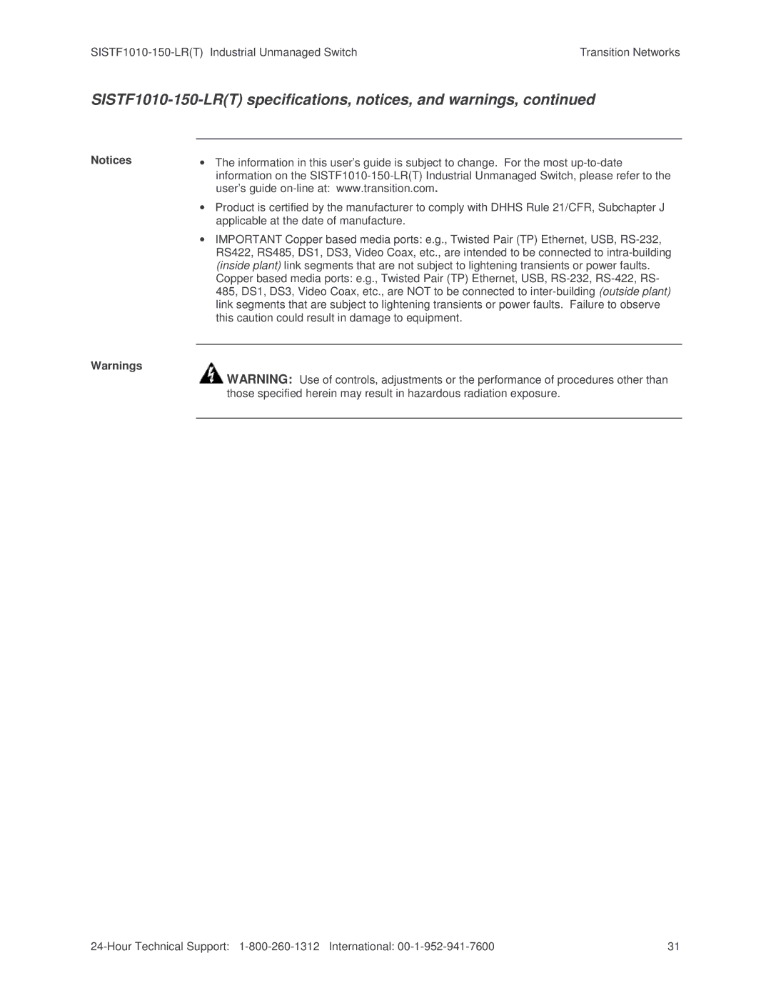 Transition Networks SISTF1010-150-LR(T) installation manual SISTF1010-150-LRT specifications, notices, and warnings 