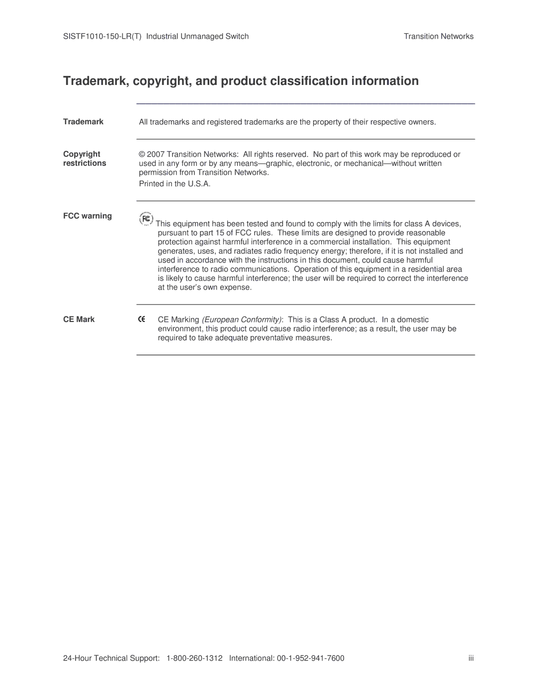 Transition Networks SISTF1010-150-LR(T) installation manual Trademark, copyright, and product classification information 