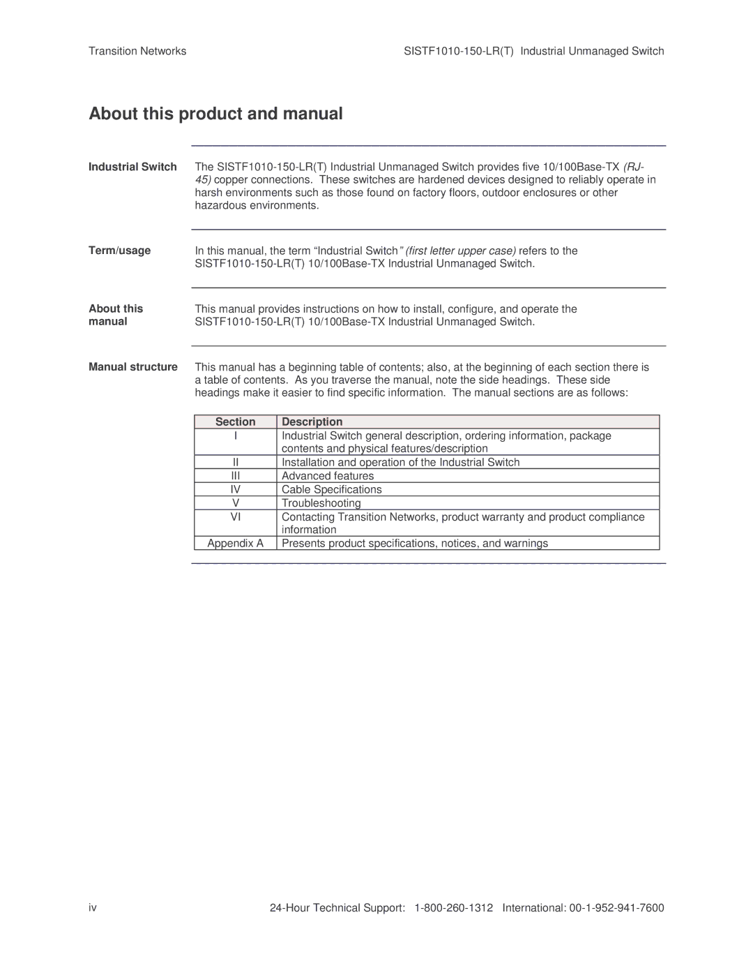 Transition Networks SISTF1010-150-LR(T) installation manual About this product and manual, Iii 