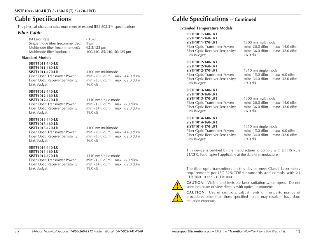 Transition Networks SISTF10XX-170-LR(T) specifications Cable Specifications -- Continued, Fiber Cable, Standard Models 