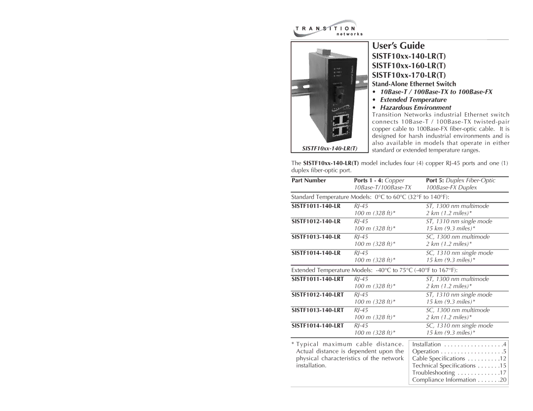 Transition Networks SISTF10XX-170-LR(T), SISTF10XX-140-LR(T) specifications Stand-Alone Ethernet Switch 