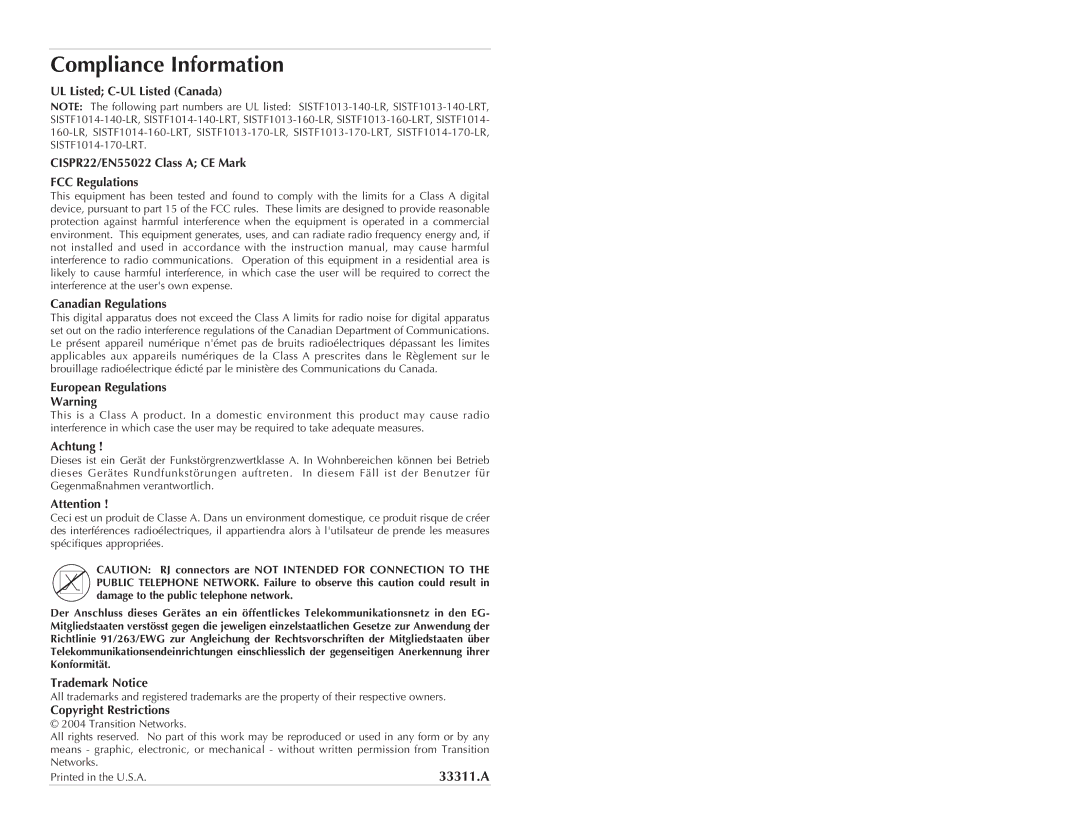 Transition Networks SISTF10XX-160-LR(T), SISTF10XX-140-LR(T), SISTF10XX-170-LR(T) Compliance Information, 33311.A 