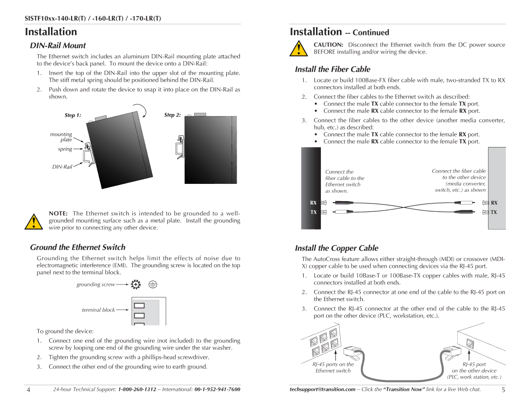 Transition Networks SISTF10XX-140-LR(T) Installation, DIN-Rail Mount, Ground the Ethernet Switch, Install the Fiber Cable 