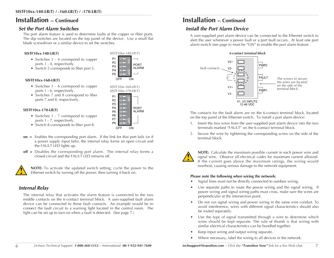 Transition Networks SISTF10XX-170-LR(T) Set the Port Alarm Switches, Install the Port Alarm Device, Internal Relay 