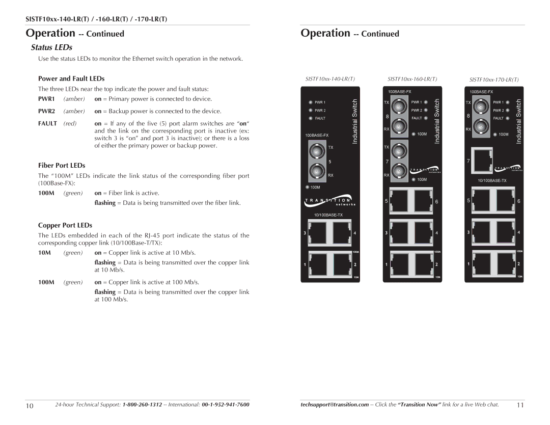 Transition Networks SISTF10XX-140-LR(T) specifications Status LEDs, Power and Fault LEDs, Fiber Port LEDs, Copper Port LEDs 