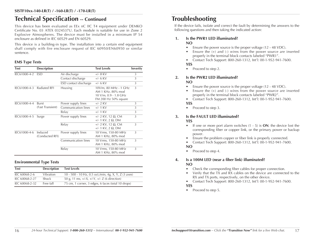 Transition Networks SISTF10XX-140-LR(T), SISTF10XX-170-LR(T), SISTF10XX-160-LR(T) Technical Specification, Troubleshooting 