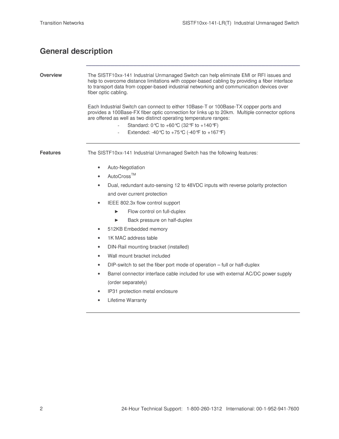 Transition Networks SISTF10xx-141-LR(T) installation manual General description, Overview 