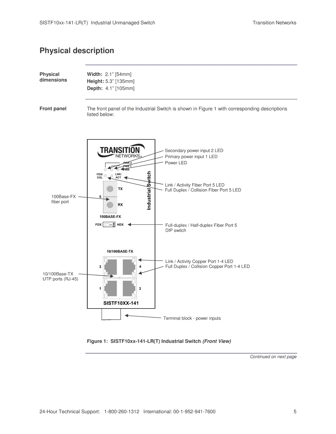 Transition Networks SISTF10xx-141-LR(T) Physical description, SISTF10xx-141-LRT Industrial Switch Front View 