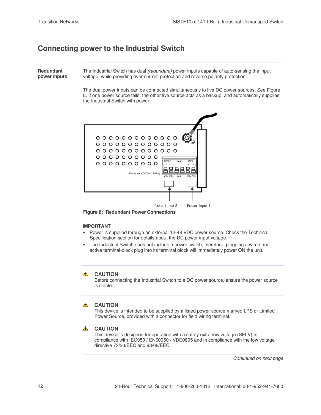 Transition Networks SISTF10xx-141-LR(T) installation manual Connecting power to the Industrial Switch 