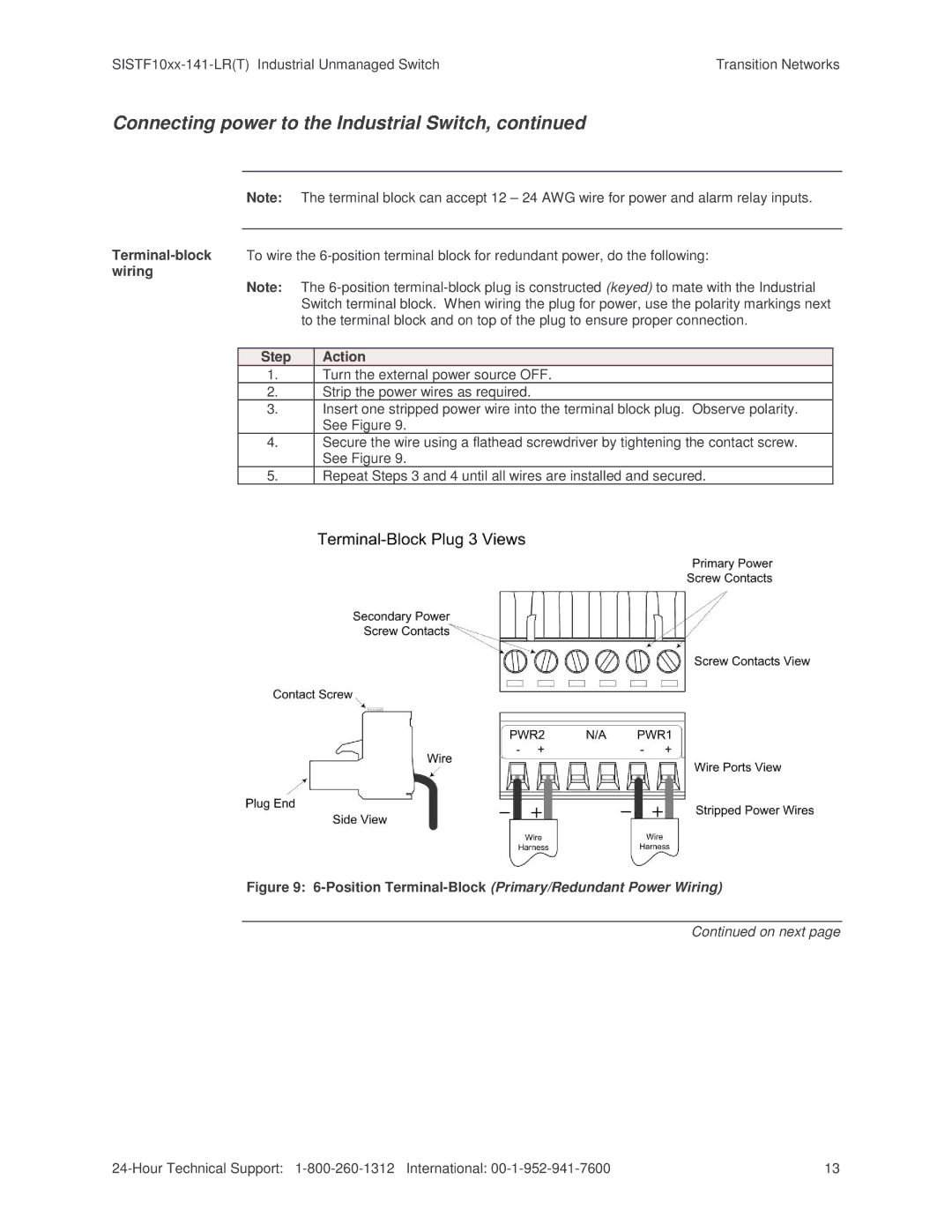 Transition Networks SISTF10xx-141-LR(T) installation manual Connecting power to the Industrial Switch 