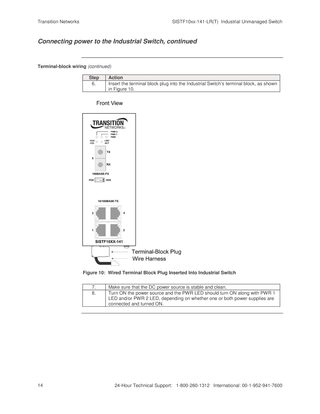 Transition Networks SISTF10xx-141-LR(T) installation manual Connecting power to the Industrial Switch 