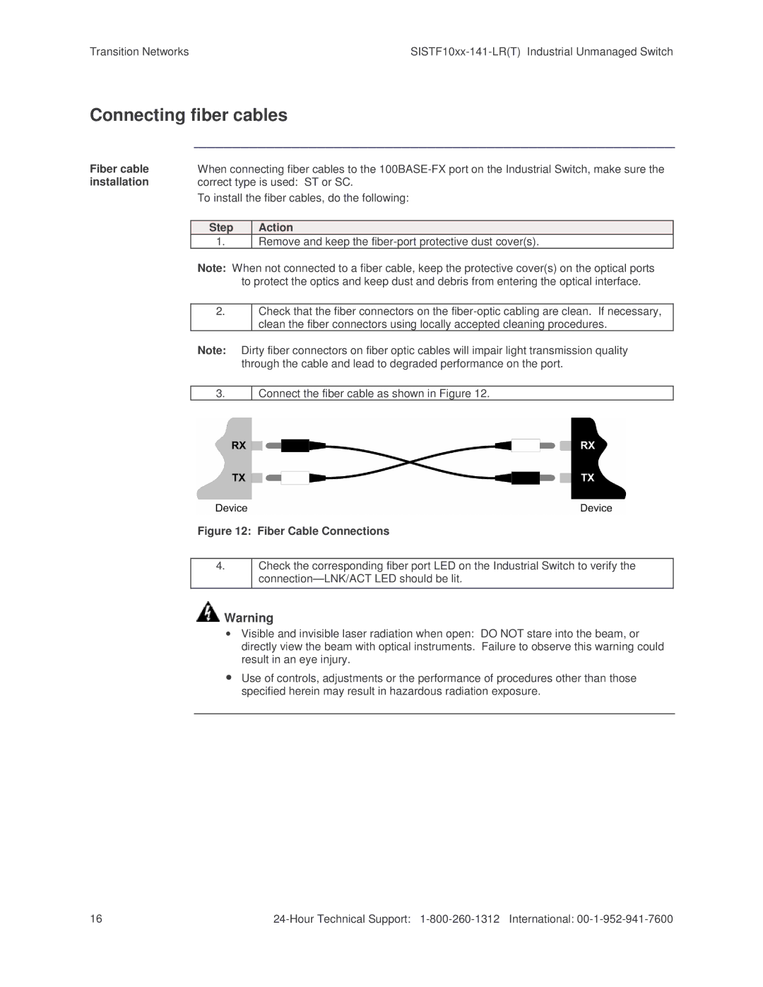 Transition Networks SISTF10xx-141-LR(T) installation manual Connecting fiber cables 