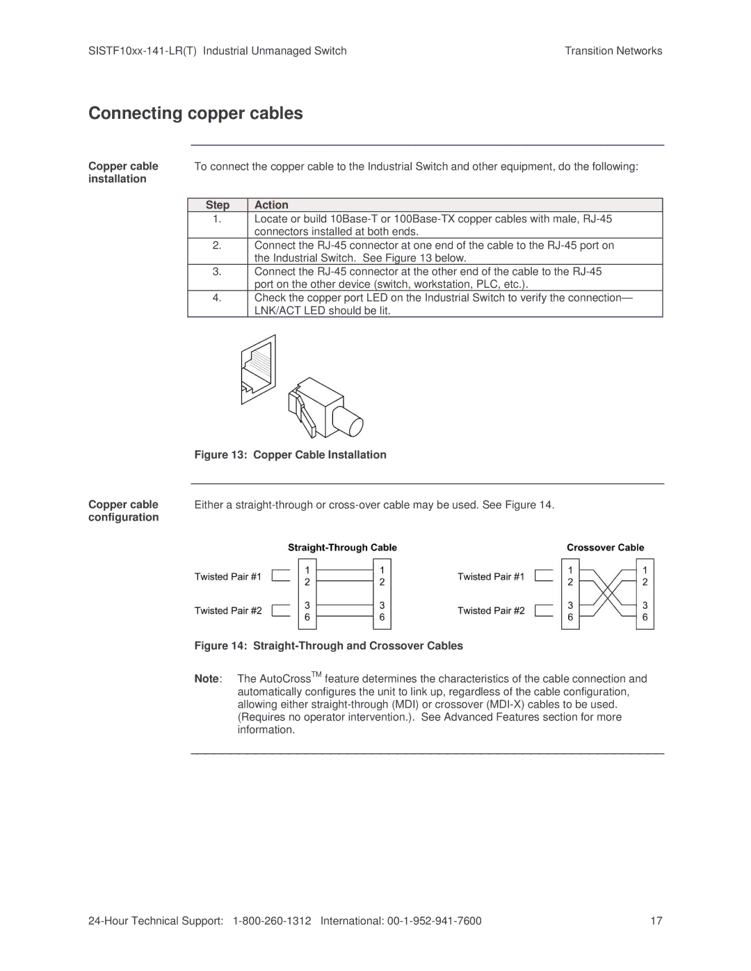 Transition Networks SISTF10xx-141-LR(T) installation manual Connecting copper cables 