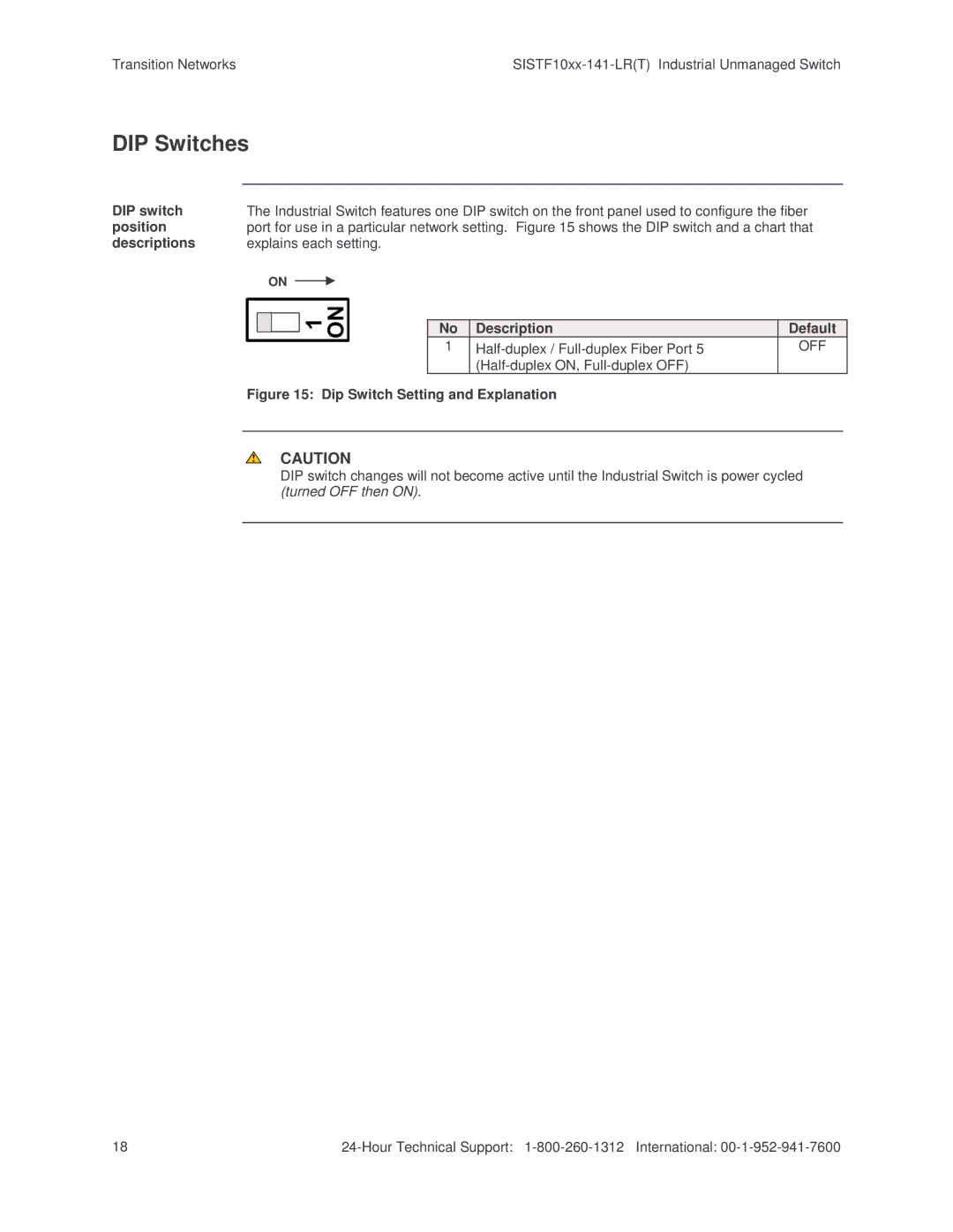 Transition Networks SISTF10xx-141-LR(T) installation manual DIP Switches, Off 