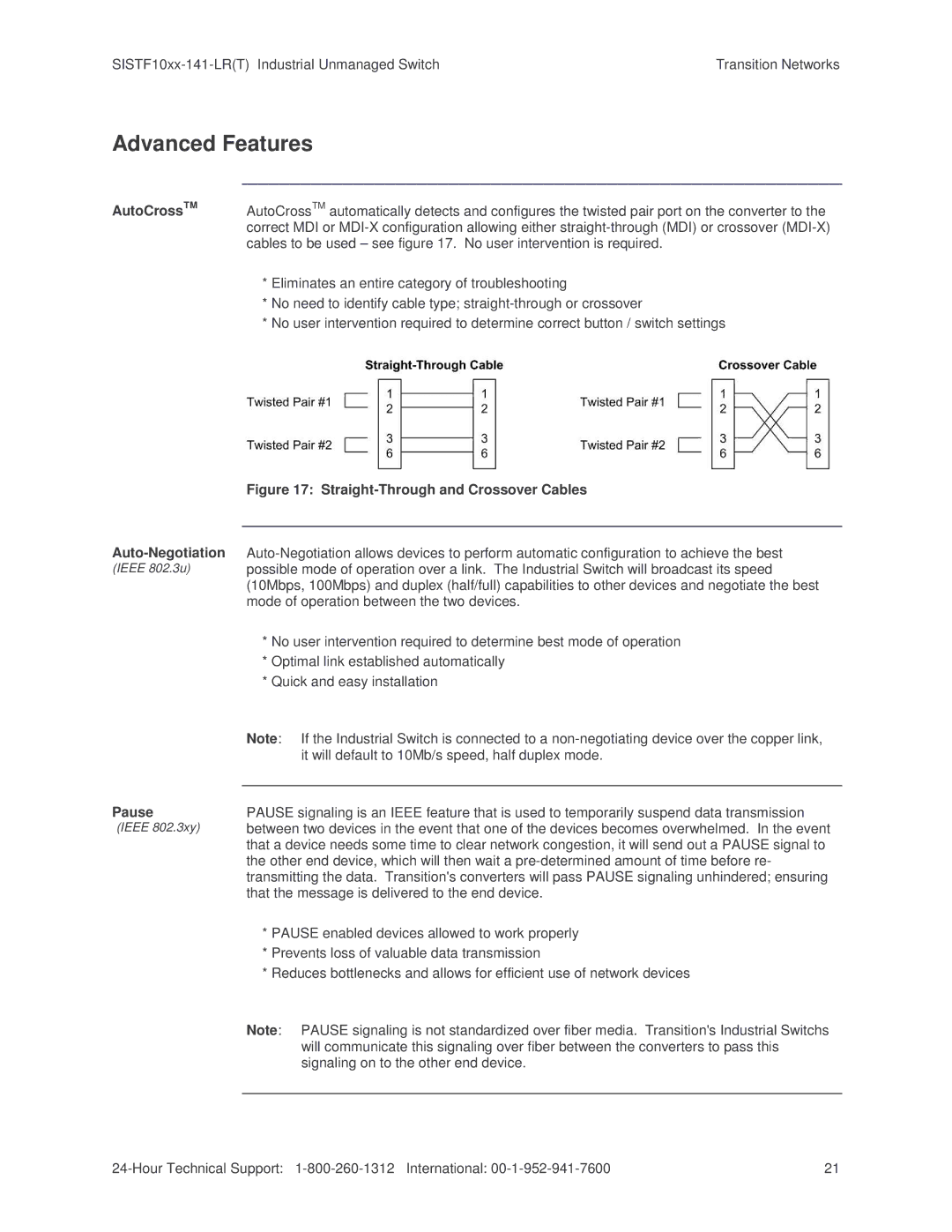 Transition Networks SISTF10xx-141-LR(T) installation manual Advanced Features, Straight-Through and Crossover Cables 