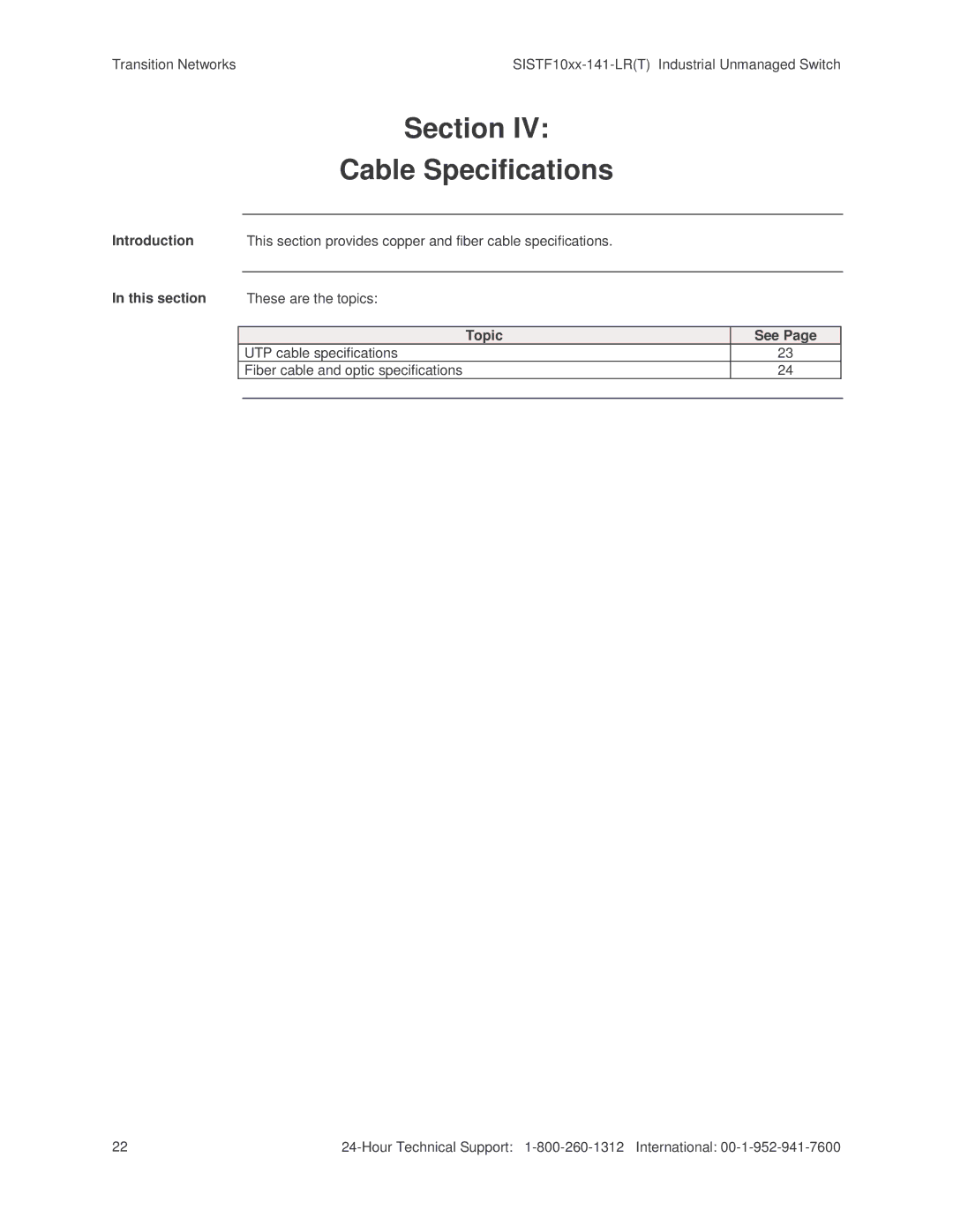 Transition Networks SISTF10xx-141-LR(T) installation manual Section Cable Specifications 