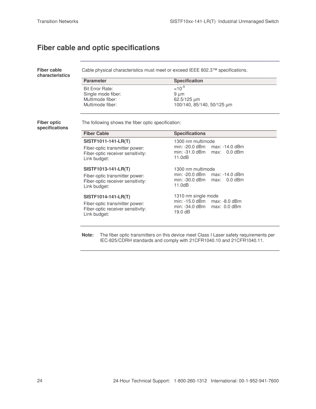 Transition Networks SISTF10xx-141-LR(T) installation manual Fiber cable and optic specifications 