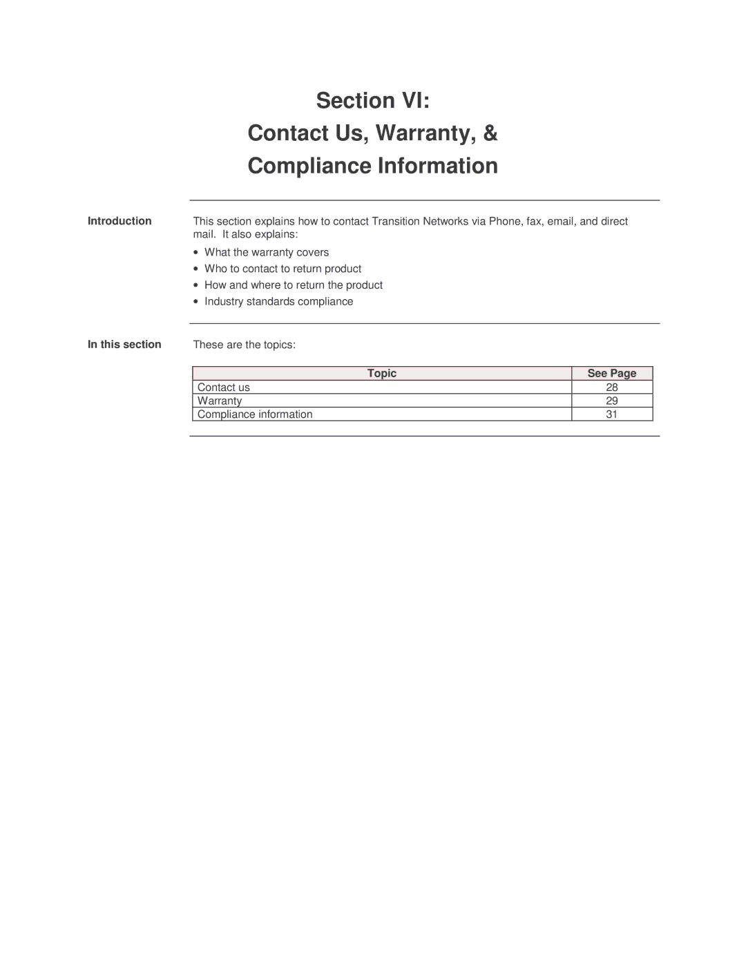 Transition Networks SISTF10xx-141-LR(T) installation manual Section Contact Us, Warranty Compliance Information 