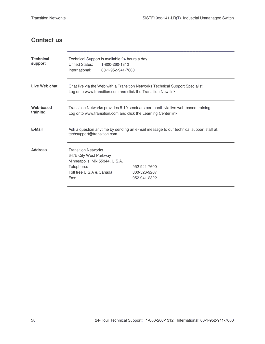 Transition Networks SISTF10xx-141-LR(T) installation manual Contact us 