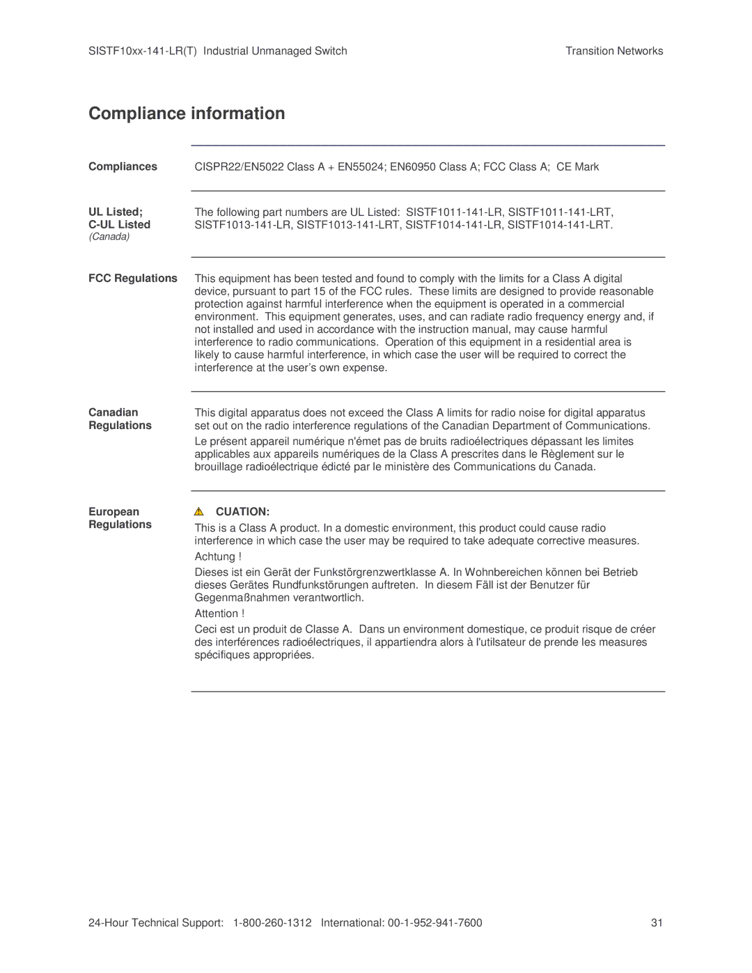 Transition Networks SISTF10xx-141-LR(T) installation manual Compliance information, Cuation 