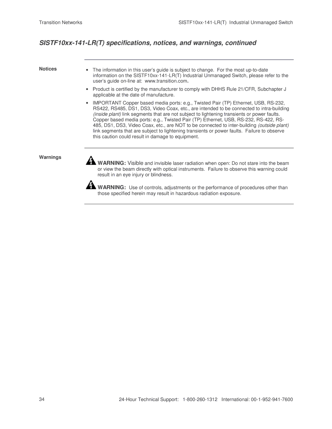 Transition Networks SISTF10xx-141-LR(T) installation manual SISTF10xx-141-LRT specifications, notices, and warnings 