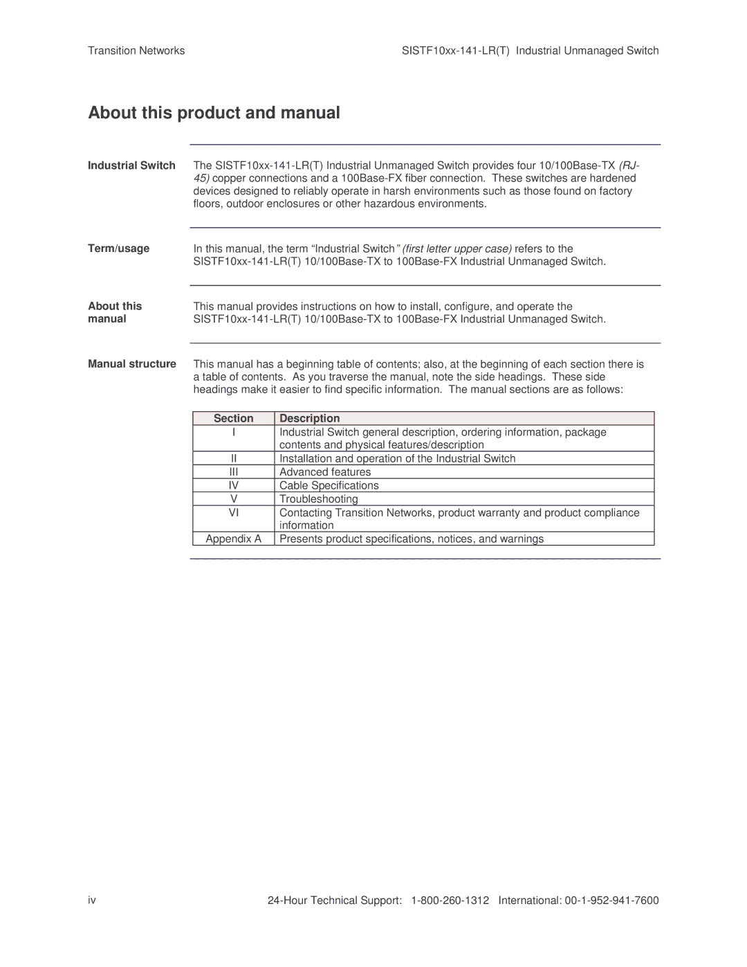 Transition Networks SISTF10xx-141-LR(T) installation manual About this product and manual, Iii 