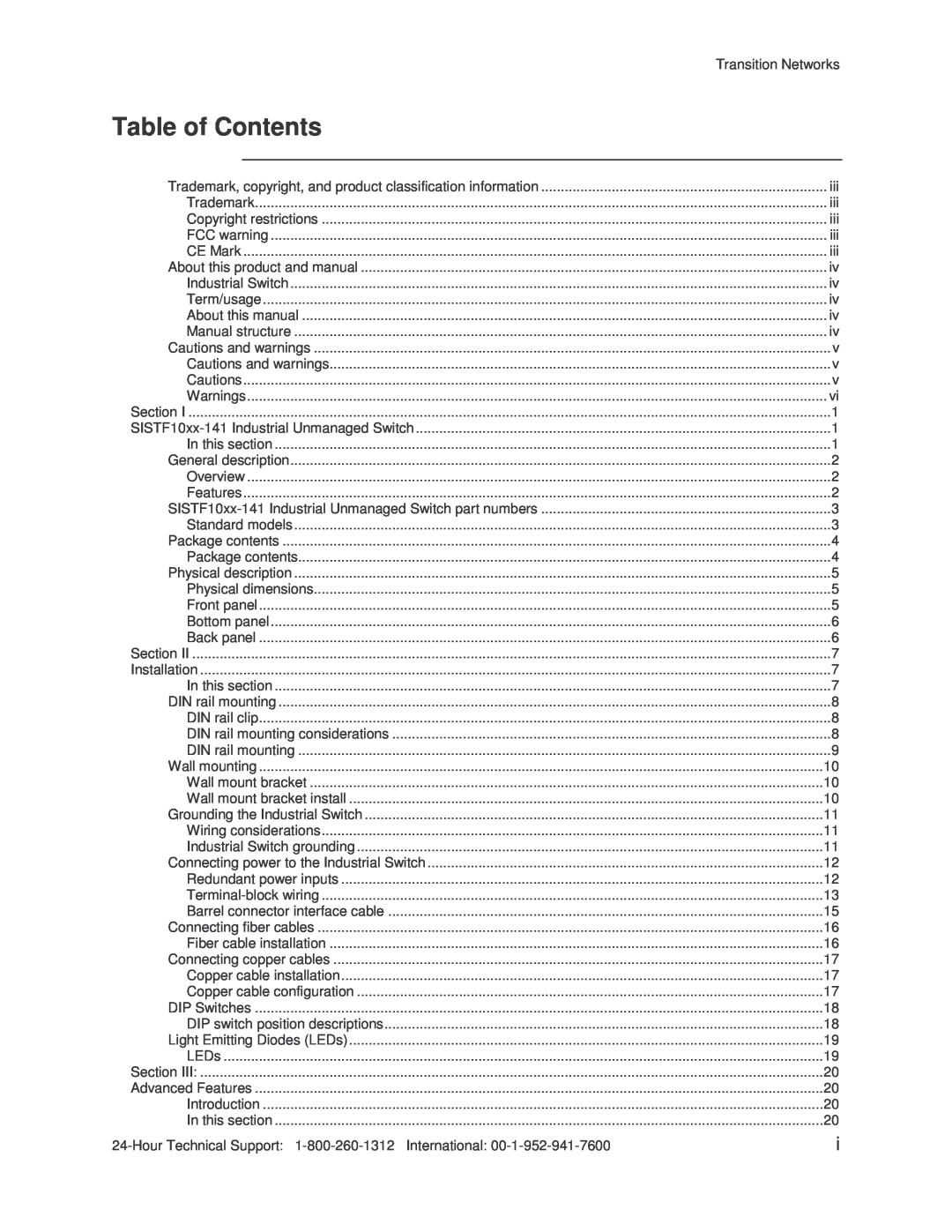 Transition Networks SISTF10xx-141-LR(T) installation manual Table of Contents 