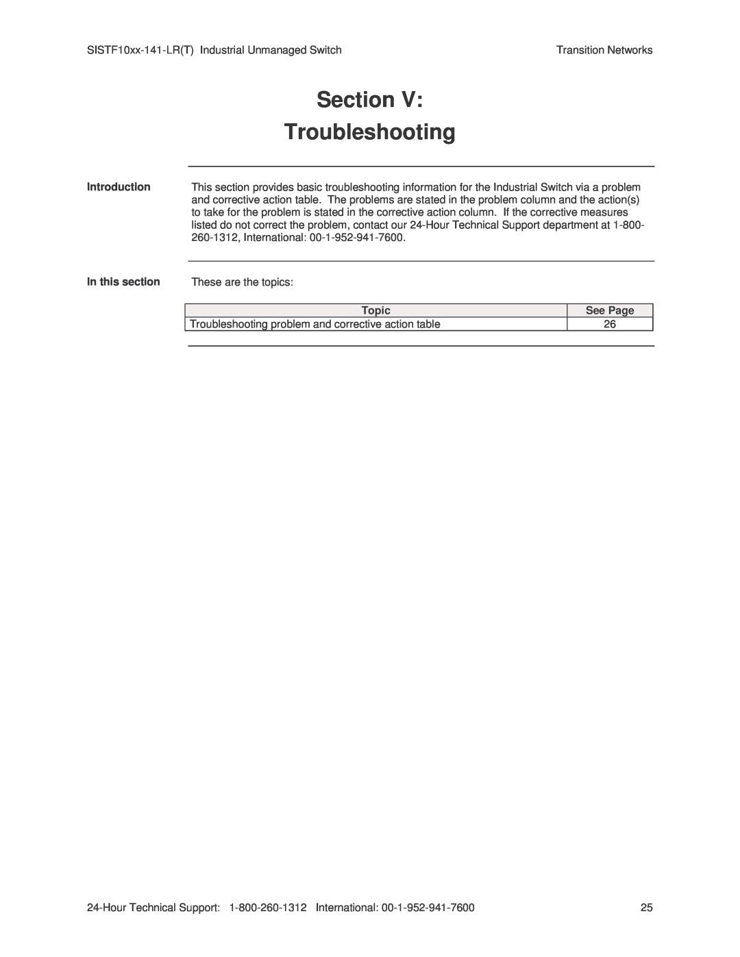 Transition Networks SISTF10xx-141-LR(T) installation manual Section, Troubleshooting 