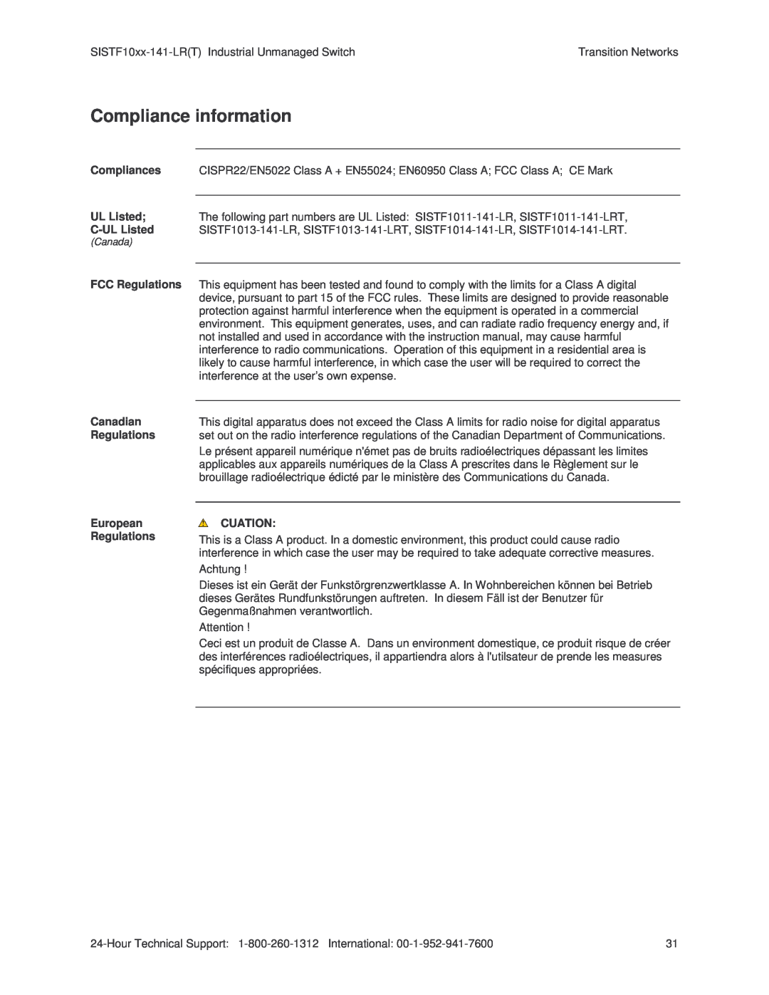 Transition Networks SISTF10xx-141-LR(T) installation manual Compliance information 