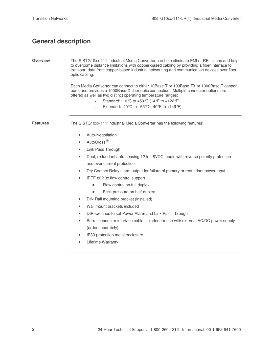 Transition Networks SISTG10xx-111-LR(T), 10/100/1000Base-T to 1000Base-X Industrial Media Converter General description 