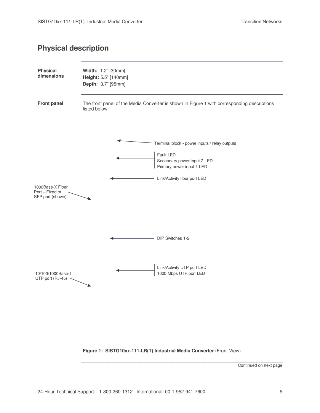 Transition Networks 10/100/1000Base-T to 1000Base-X Industrial Media Converter, SISTG10xx-111-LR(T) Physical description 