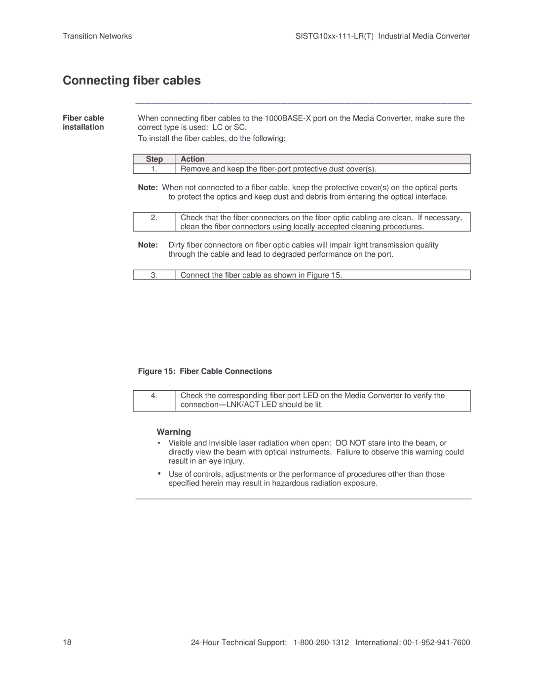 Transition Networks SISTG10xx-111-LR(T) installation manual Connecting fiber cables 