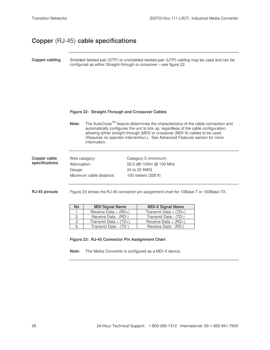 Transition Networks SISTG10xx-111-LR(T) installation manual Copper RJ-45 cable specifications 