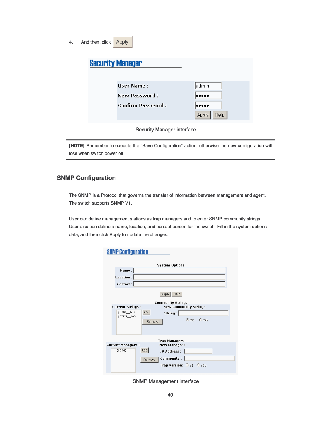 Transition Networks SISTM10XX-162-LR SNMP Configuration, Security Manager interface, SNMP Management interface, Apply 