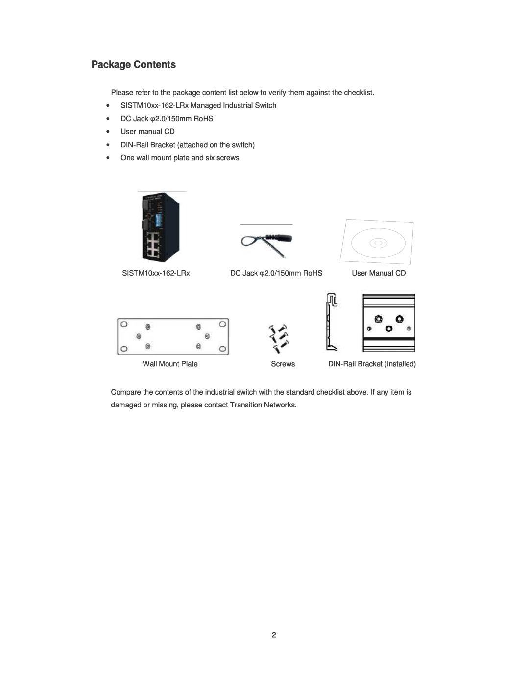 Transition Networks SISTM10XX-162-LR installation manual Package Contents 