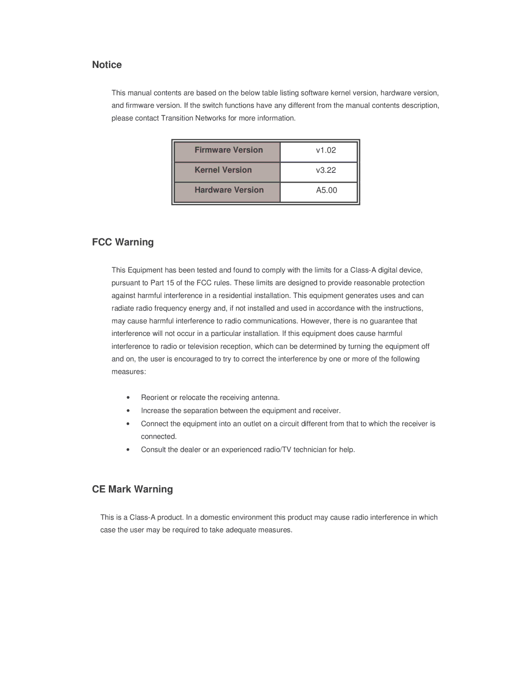 Transition Networks SISTM10XX-162-LR installation manual FCC Warning, CE Mark Warning 