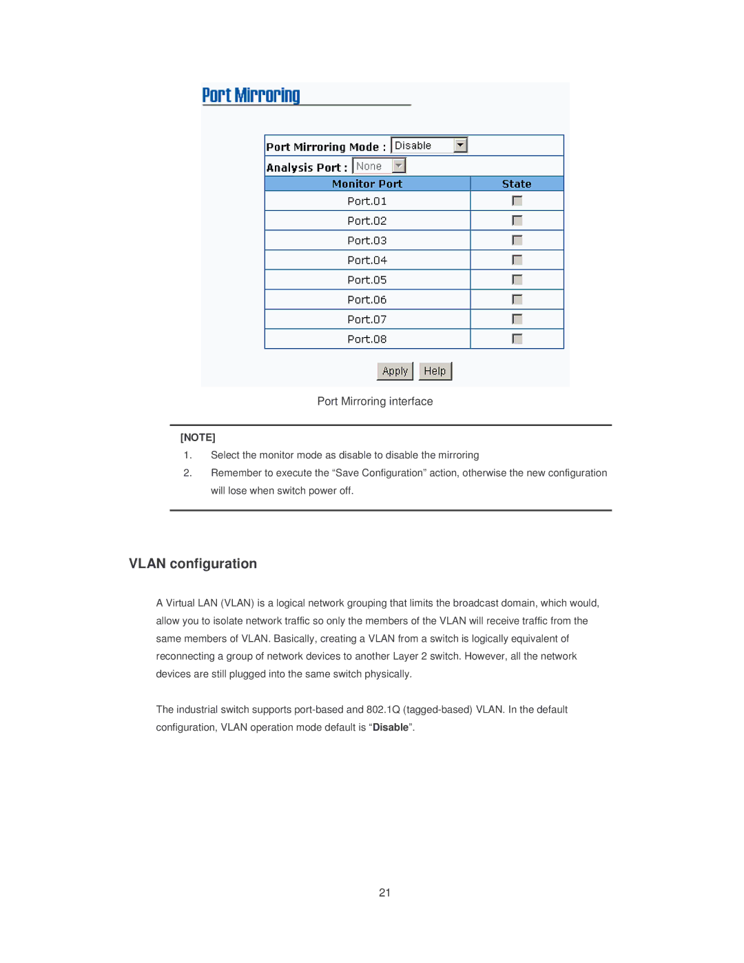 Transition Networks SISTM10XX-162-LR installation manual Vlan configuration, Port Mirroring interface 