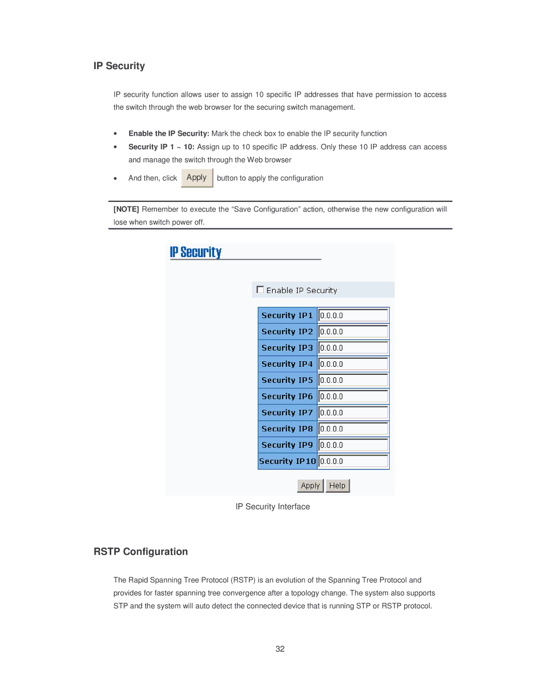 Transition Networks SISTM10XX-162-LR installation manual IP Security, Rstp Configuration 