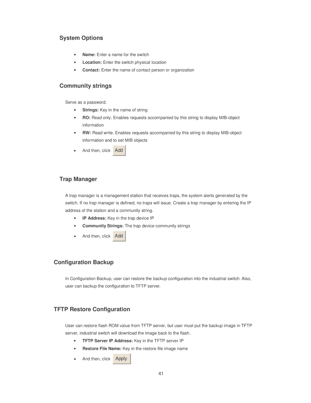 Transition Networks SISTM10XX-162-LR System Options, Community strings, Trap Manager, Configuration Backup 