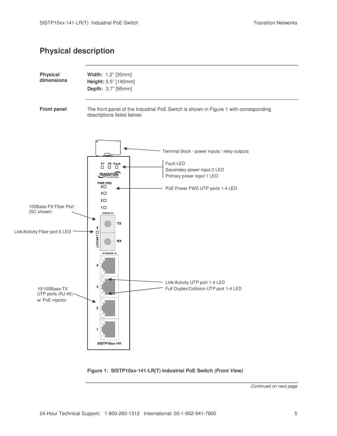 Transition Networks SISTP10XX-141-LR(T) Physical description, SISTP10xx-141-LRT Industrial PoE Switch Front View 