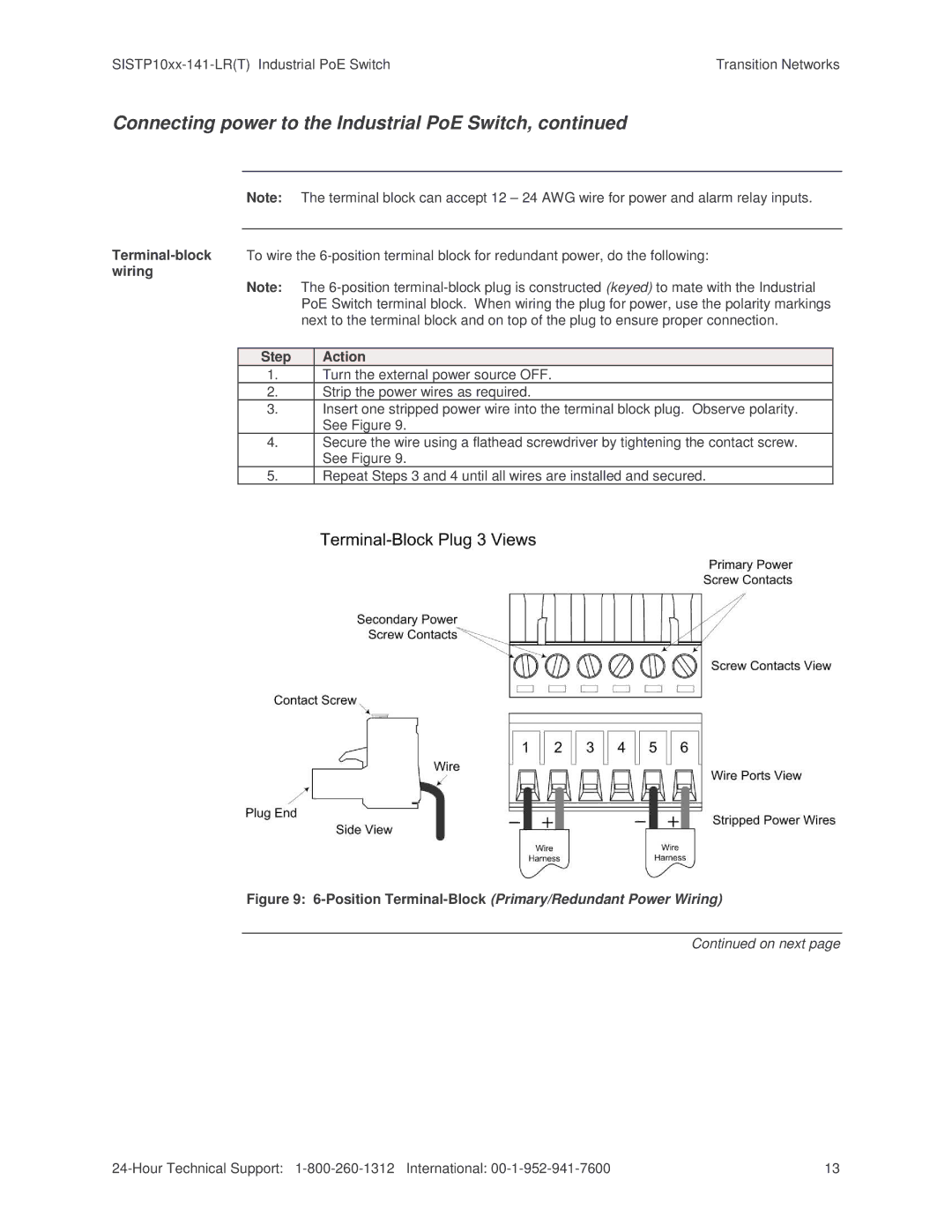 Transition Networks SISTP10XX-141-LR(T) installation manual Connecting power to the Industrial PoE Switch 