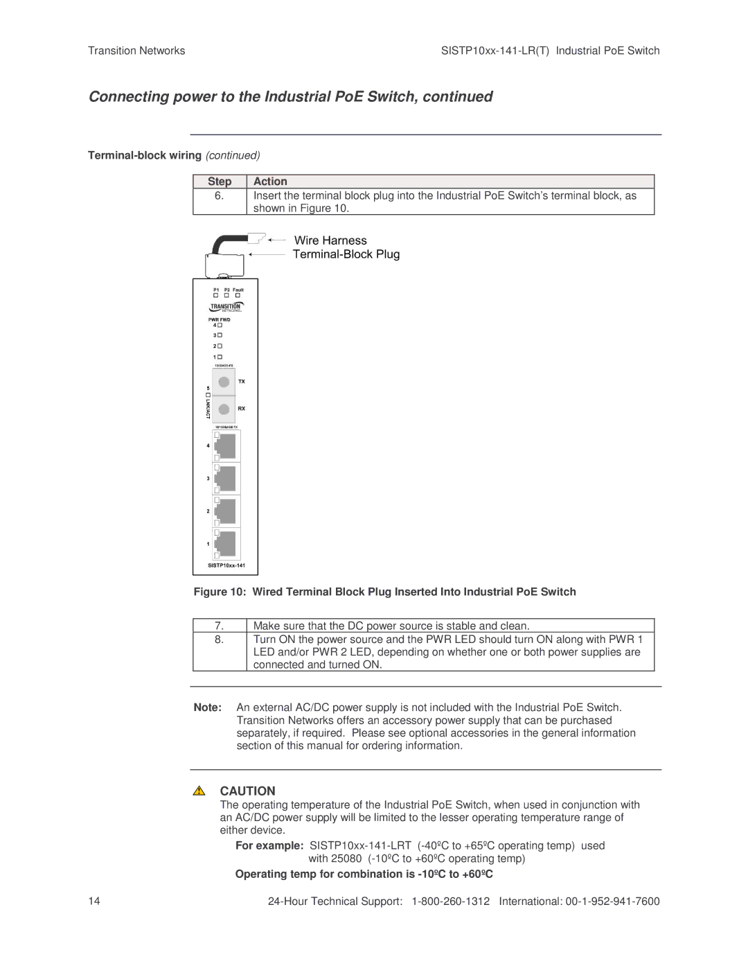 Transition Networks SISTP10XX-141-LR(T) installation manual Connecting power to the Industrial PoE Switch 